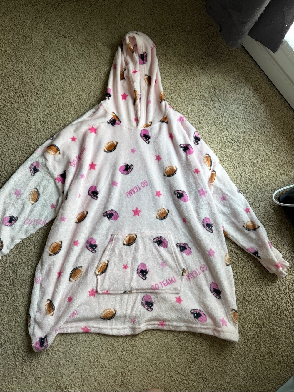 Cozy Pink Football Print Hooded Wearable Blanket - Women’s Pajama Top